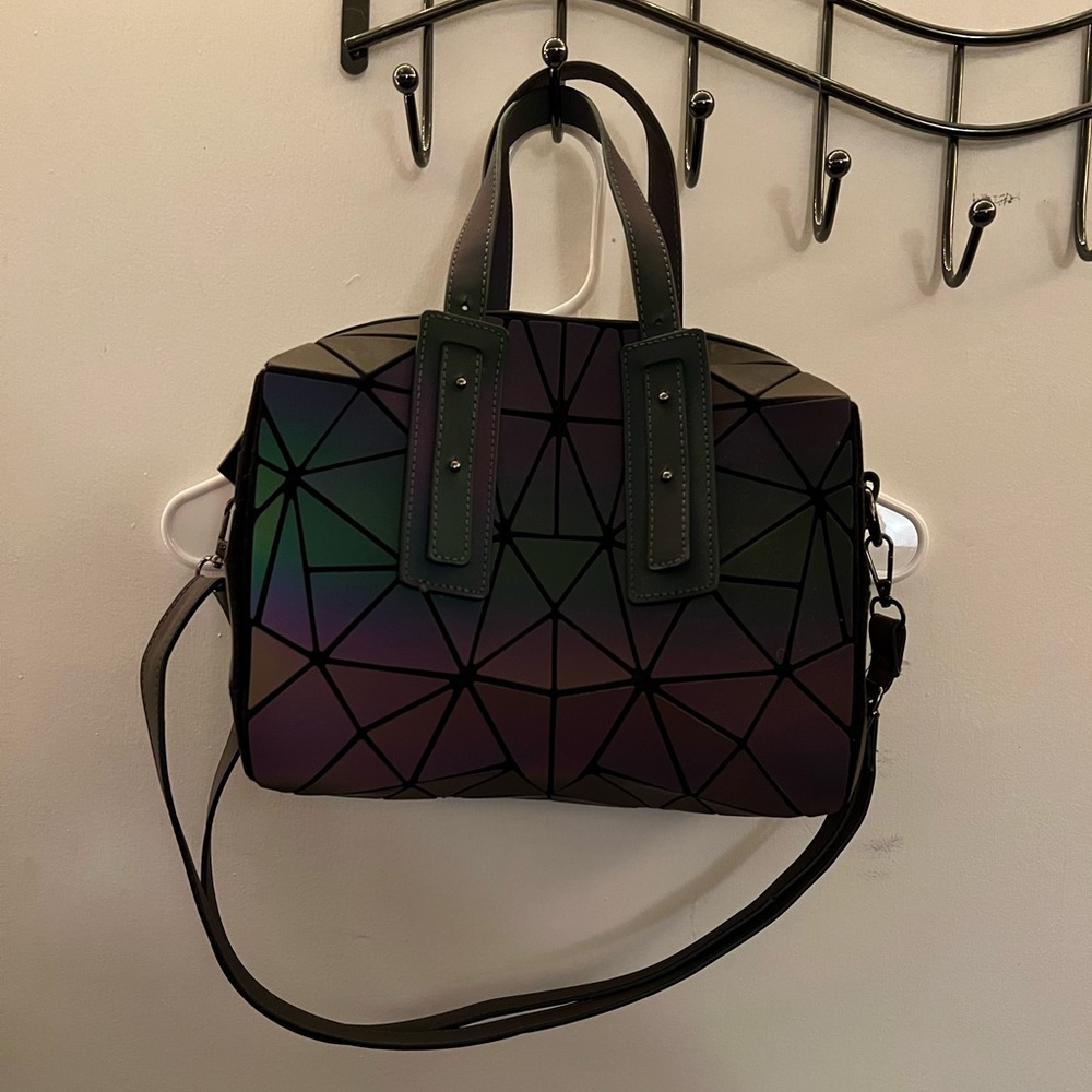 Geometric Reflective Satchel in Green and Purple
